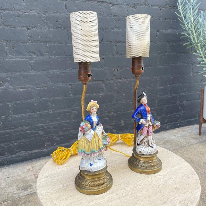 Table Lamp Pair: Porcelain Figures, Perforated Metal Cylinder Shades