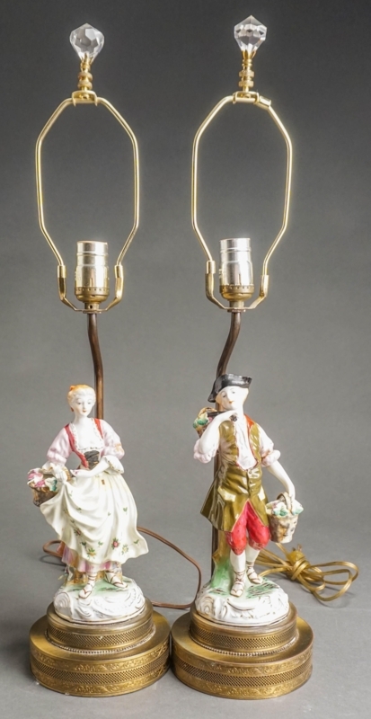 Table Lamp Pair: Porcelain Figurines, Faceted Crystal Finials, Brass