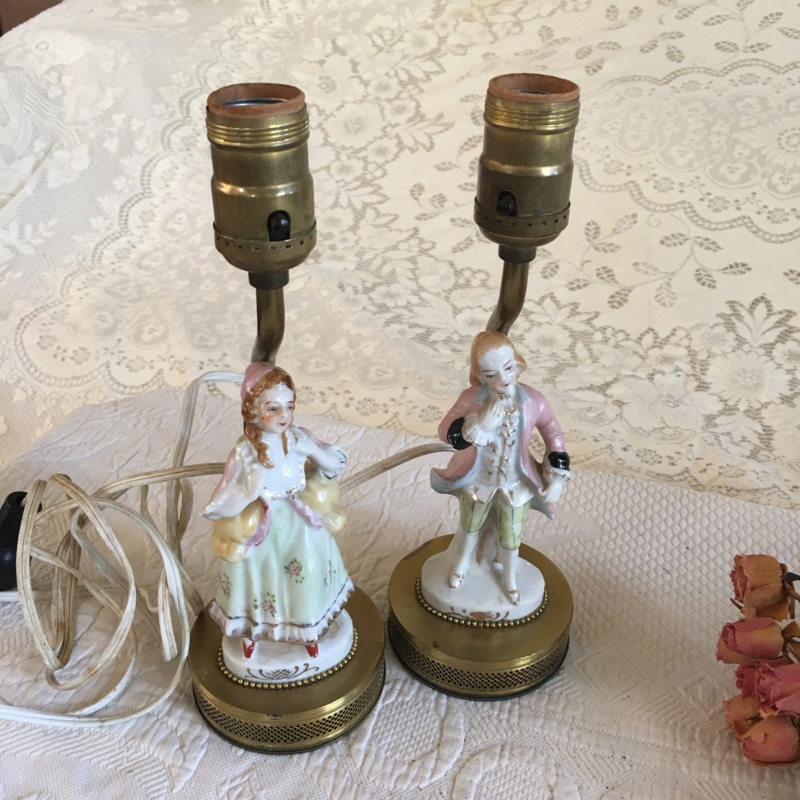 Table Lamp Pair: Porcelain Openwork Metal Base, Gold Beaded Trim
