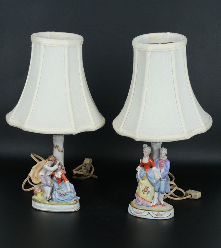 Table Lamp Pair: Victorian Courting Couple, Bell Shades, Vertical Piping