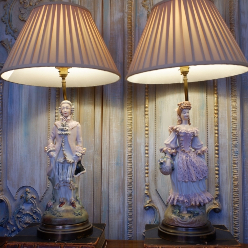 Table Lamp Pair: Vintage French Porcelain, Pleated Conical Shades
