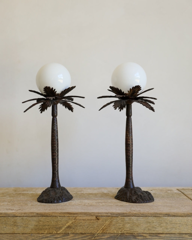 Table Lamp Pair with Globe Diffusers, Textured Bronze Finish, Tropical Chic.