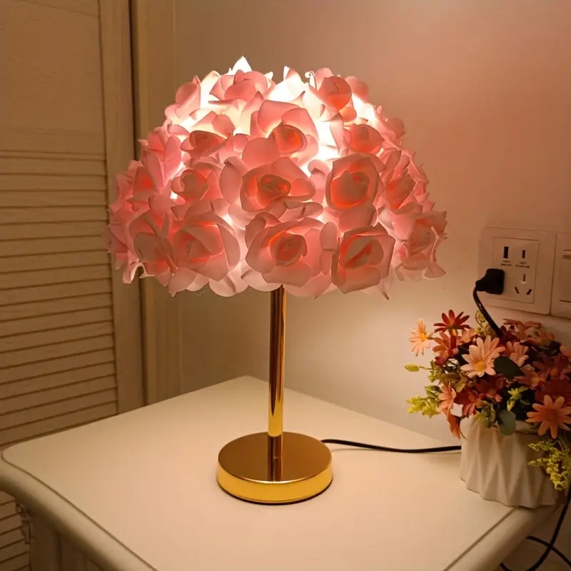 Table Lamp: Pink Petal Shade, Gold Pedestal Base, Romantic Glam Light