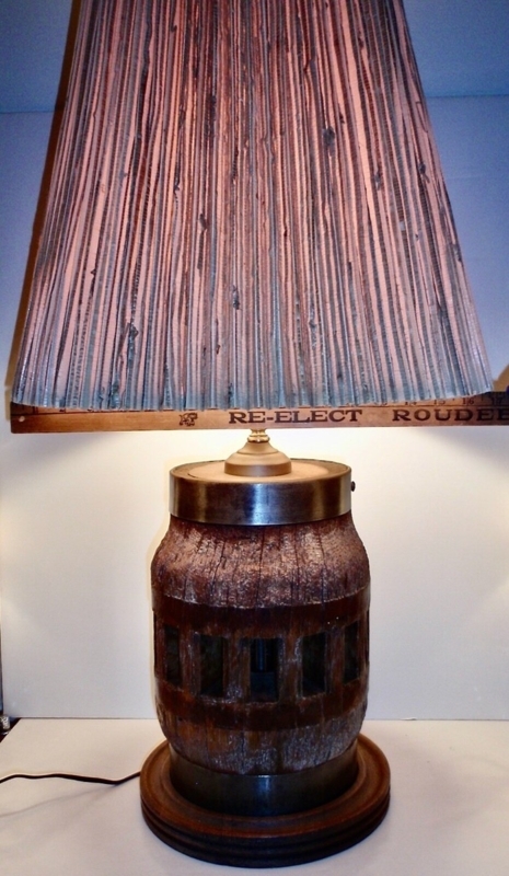 Table Lamp, Pleated Shade, Yardstick Trim, Antique Wagon Wheel Hub Base