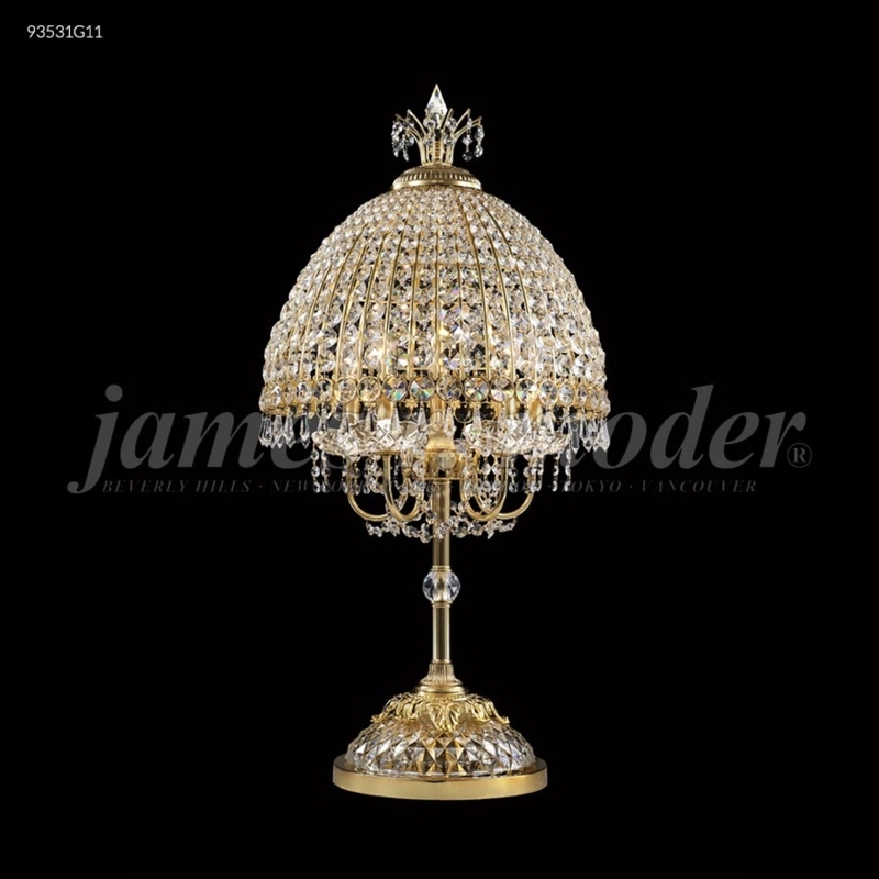 Table Lamp: Polished Gold, Dome Crystal Shade, Decorative Crown Finial