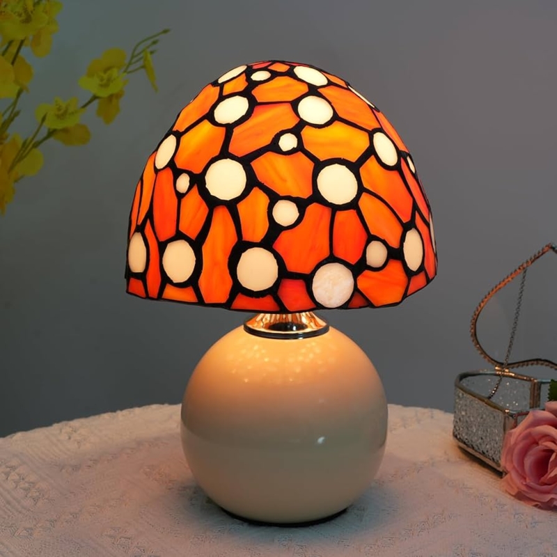 Table Lamp Polka Dot Stained Glass Mushroom Whimsical Bedside Decor