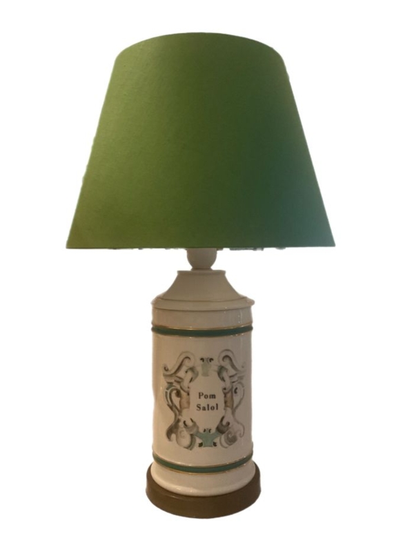 Table Lamp, Porcelain Apothecary Jar Base, Olive Green Linen Shade