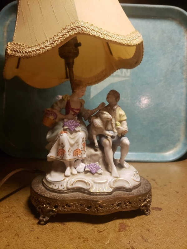 Table Lamp: Porcelain Figurine, Scalloped Shade, Rococo Pastoral