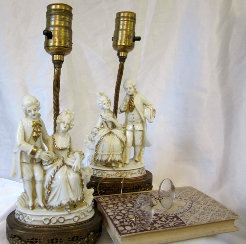 Table Lamp: Porcelain Figurine, Twisted Metal Stem, Ornate Filigree Base