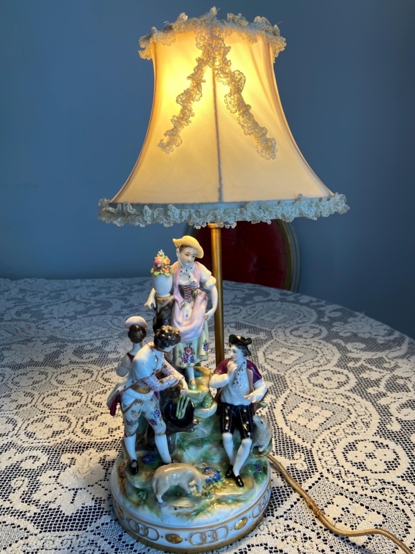 Table Lamp: Porcelain Five Figures, Lace Trimmed Bell Shade, Pastoral