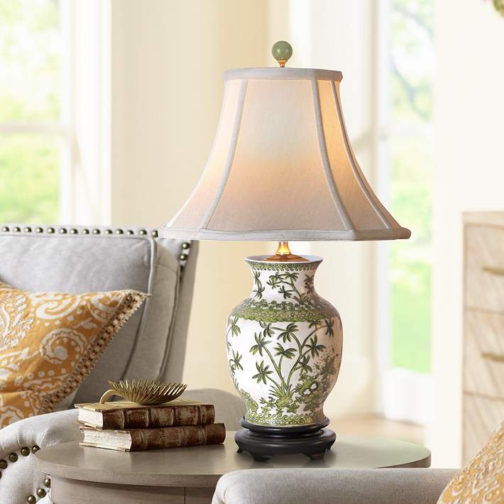 Table Lamp: Porcelain Vase Base, Green Palm Tree Pattern, Bell Shade