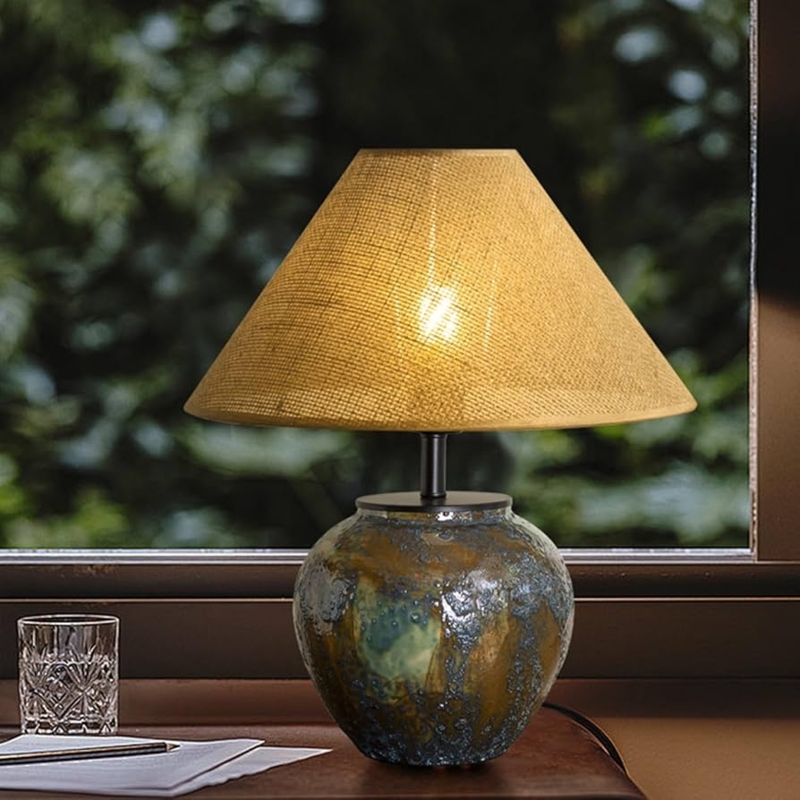 Table Lamp, Reactive Glaze Pot Base, Rustic Southwestern Style