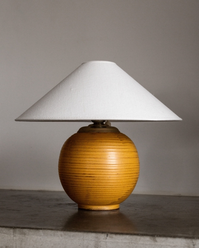Table Lamp, Ribbed Spherical Base, Ochre Glaze, Swedish Design