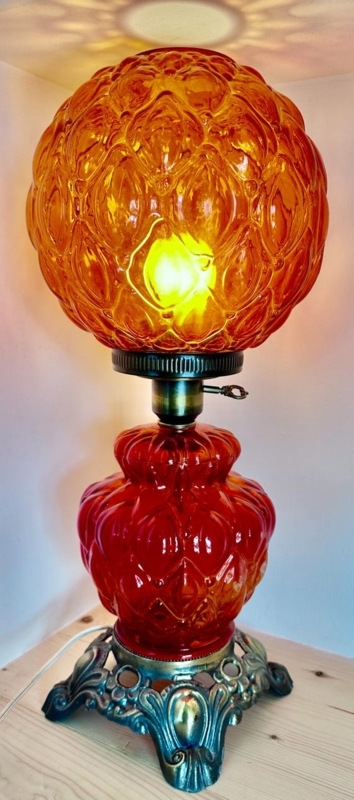 Table Lamp Ruby Red Quilted Glass Hurricane Globe Ornate Brass Base
