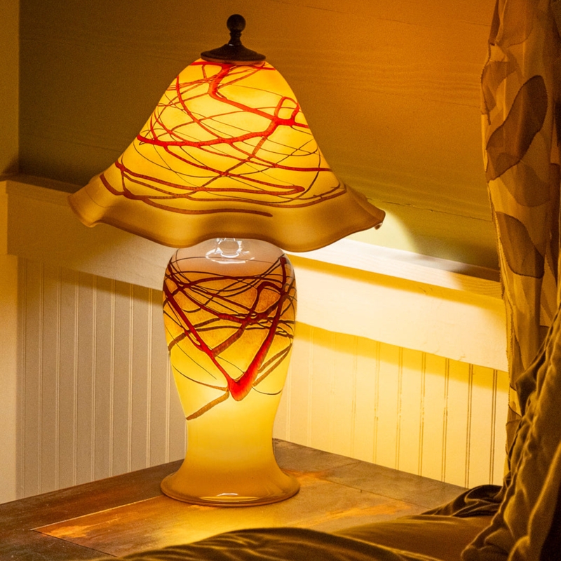 Table Lamp Ruffled Amber Glass Shade Red Organic Trails Lighted Base