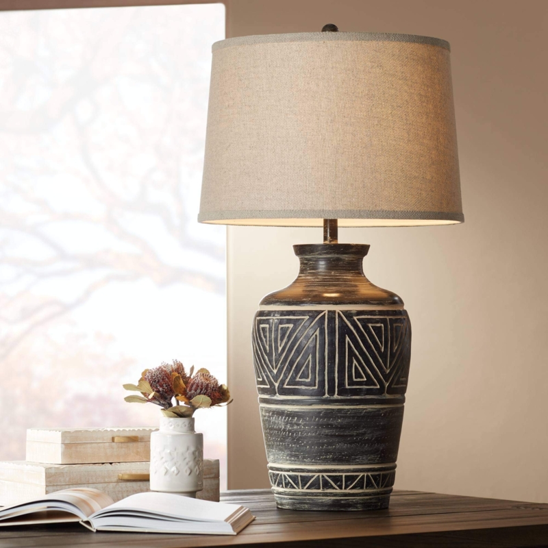 Table Lamp: Rustic Jar Table Lamp with Incised Geometric Pattern