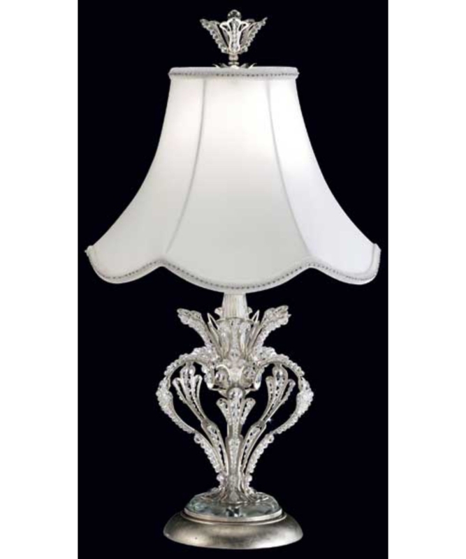 Table Lamp: Scalloped Fabric Shade, Crystal Scrolling Base, Silver