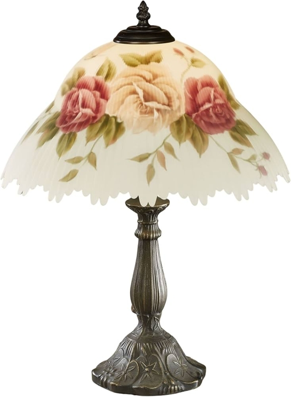 Table Lamp: Scalloped Glass, Reverse Painted Roses, Antique Style Light