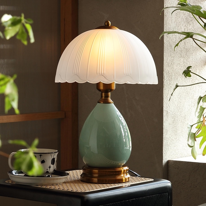 Table Lamp, Scalloped Pleated Shade, Celadon Ceramic, Chinoiserie Style