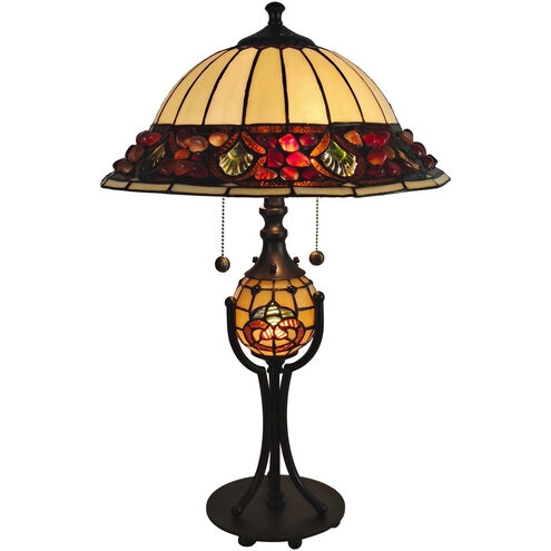 Table Lamp Scrolled Metal Stand Warm Amber Stained Glass Mosaic Border