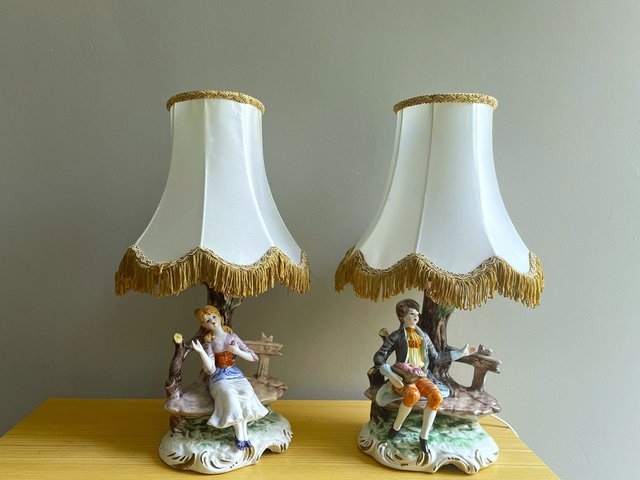 Table Lamp Set: Capodimonte Porcelain, Tasseled Gold Fringe Shade