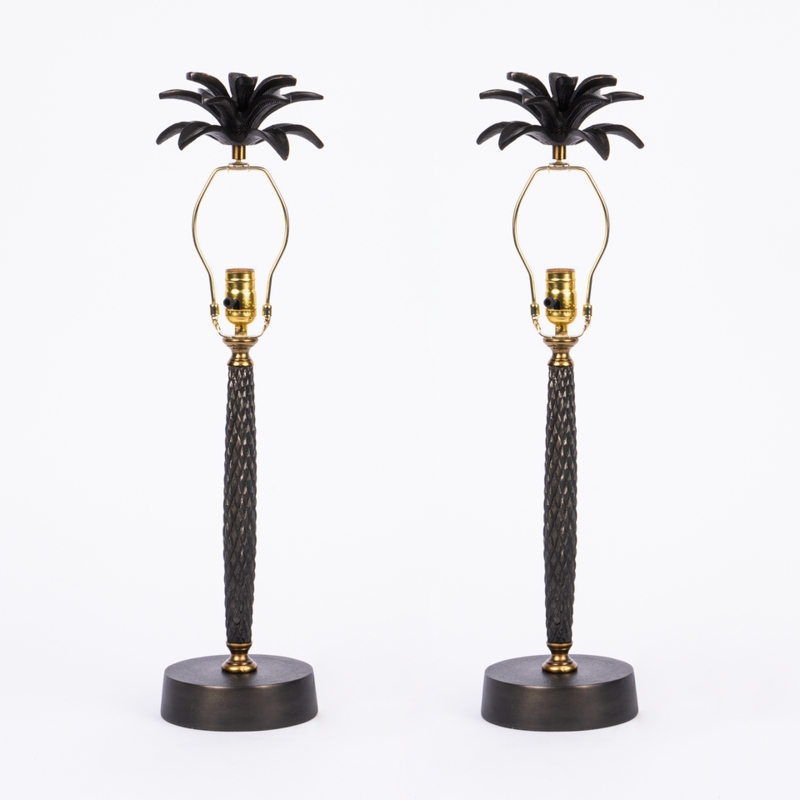 Table Lamp Set, Diamond Hatched Stems, Matte Black Finish, Tropical Chic.