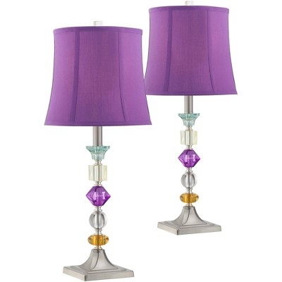 Table Lamp Set: Multicolor Faceted Gem Stack on Silver Square Base