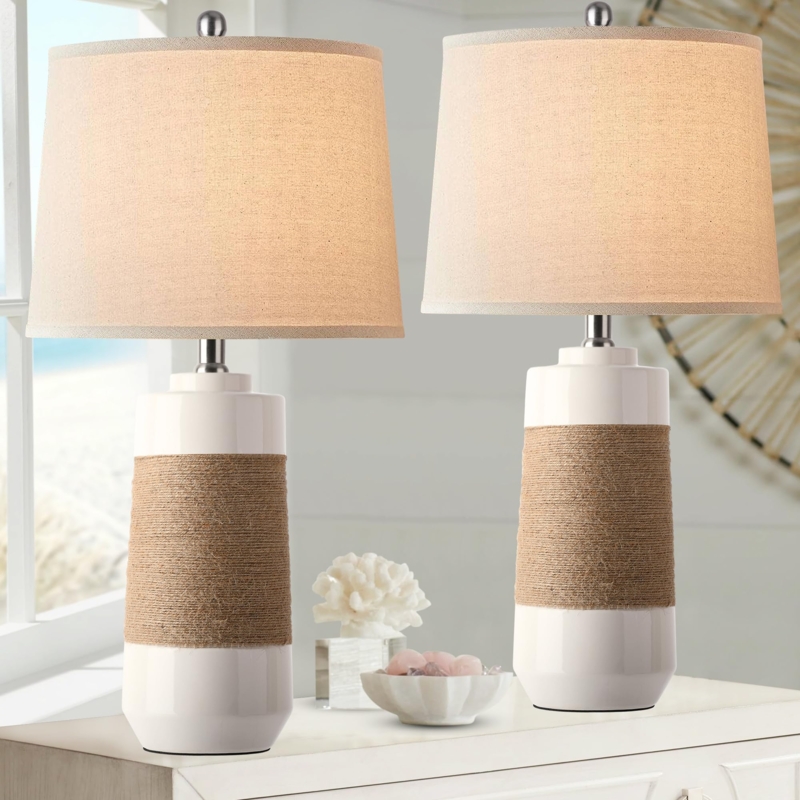 Table Lamp Set of Two Glossy White Ceramic Rope Wrapped