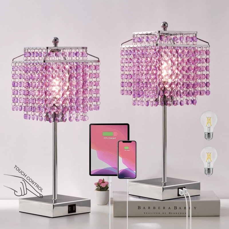 Table Lamp Set: Purple Crystal Beads with Touch Control USB Ports