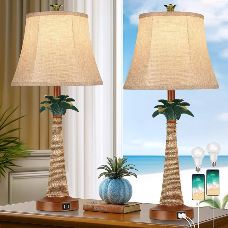 Table Lamp Set: Rope Wrapped Base, USB Ports, Coastal Palm Tree Motif