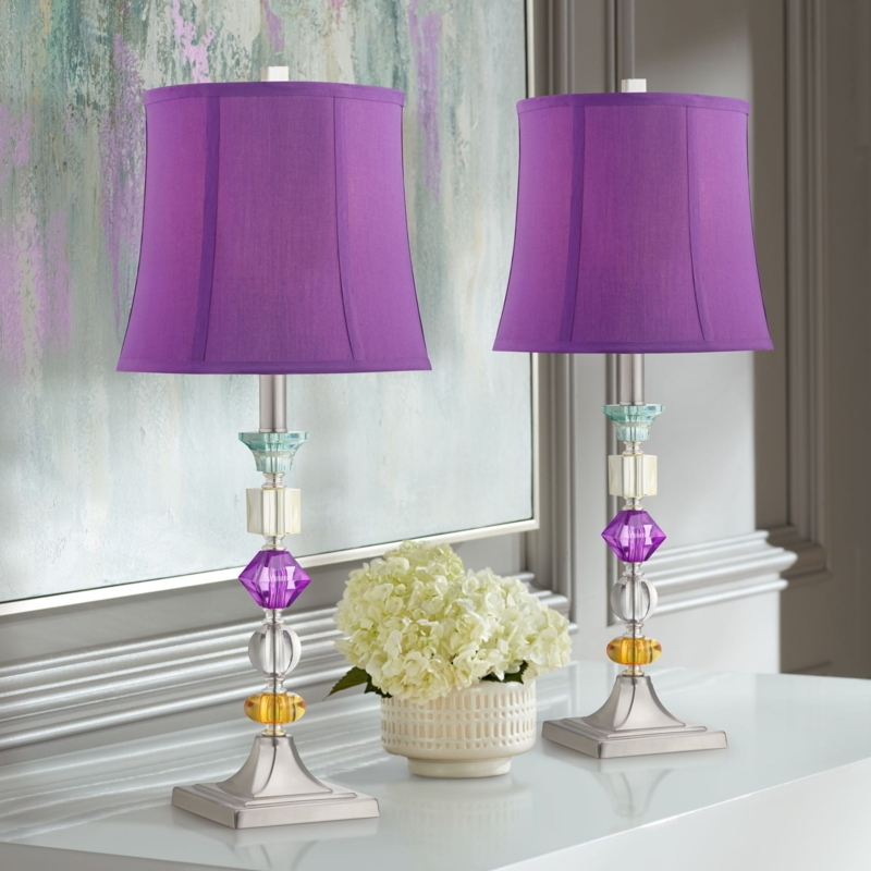 Table Lamp Set: Stacked Multi-Colored Gem Column with Bell Shade