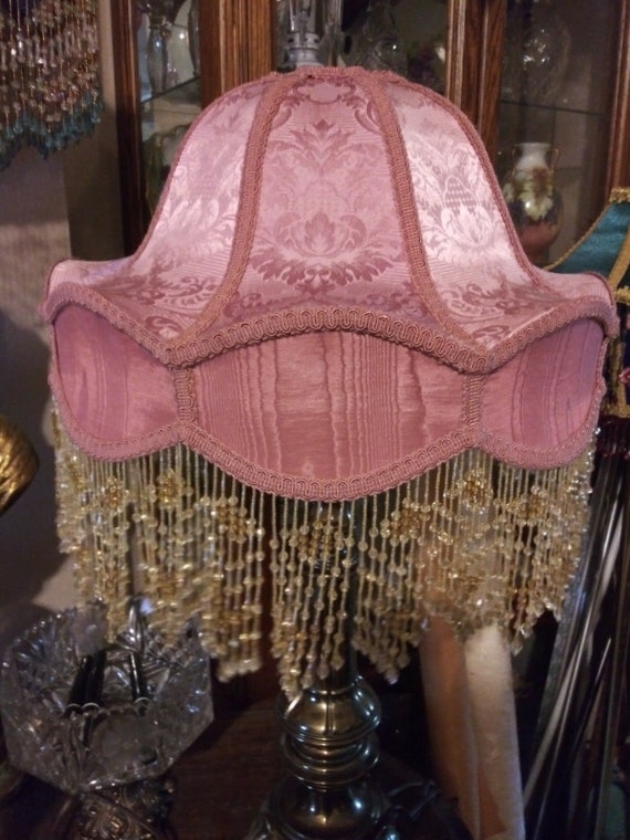 Table Lamp Shade: Bead Fringe, Damask Pattern, Victorian Style Shade