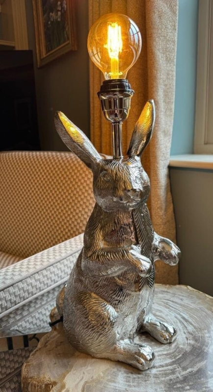 Table Lamp Silver Metal Hare Exposed Bulb Quirky Eclectic Decor