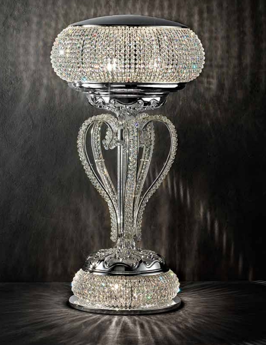 Table Lamp: Silver Plated, Heart Shaped Scrolls, Crystal Encrusted