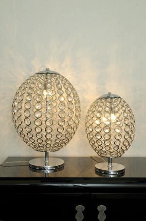Table Lamp: Spherical Shade, Silver Plated, Faceted Crystals, Modern Glam