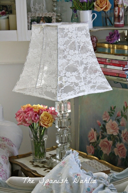 Table Lamp Stacked Glass Square Base with White Floral Lace Shade