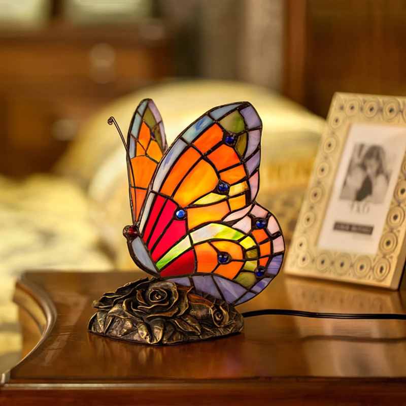 Table Lamp: Stained Glass Butterfly with Blue Cabochons & Rose Relief Base