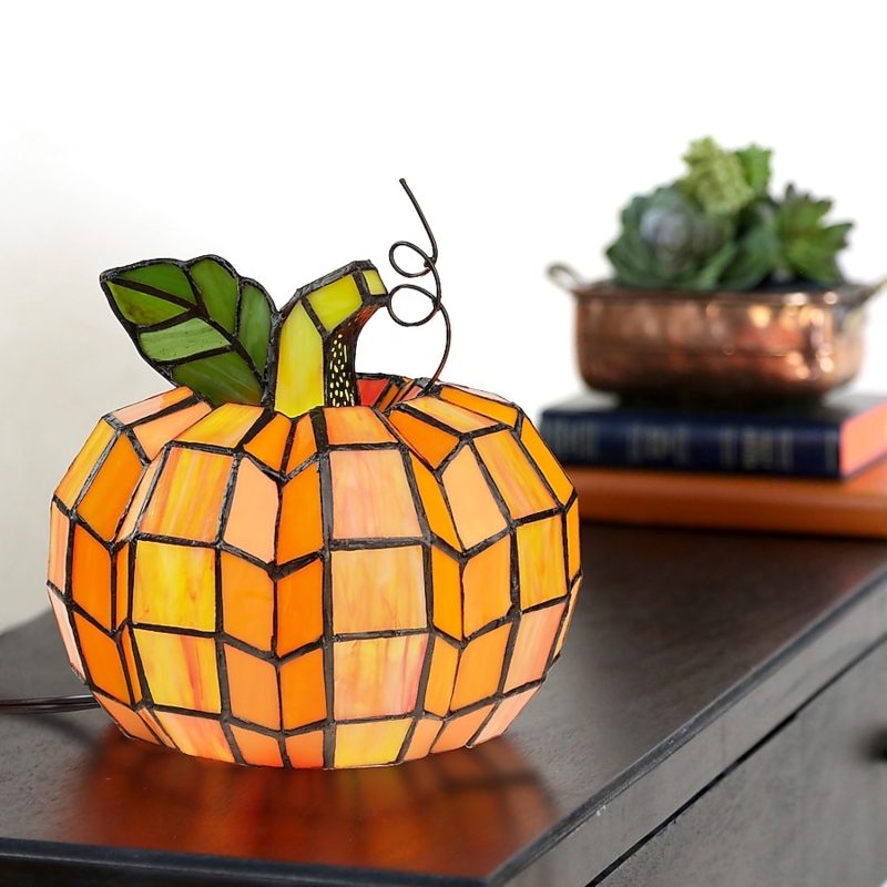 Table Lamp Stained Glass Pumpkin Shape Wire Tendril Seasonal Decor