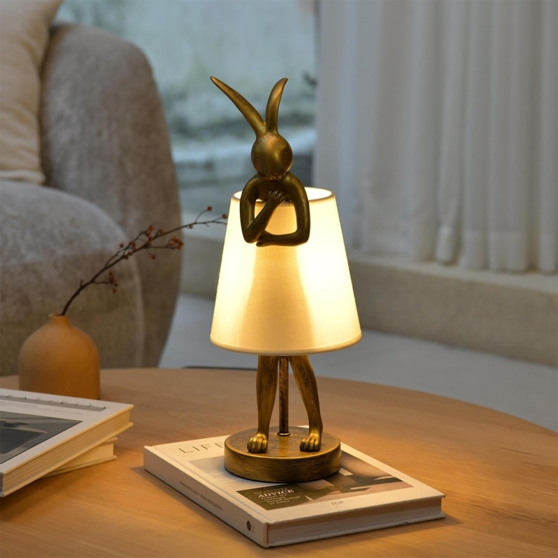 Table Lamp Standing Rabbit Antique Gold Linen Shade Vintage Decor