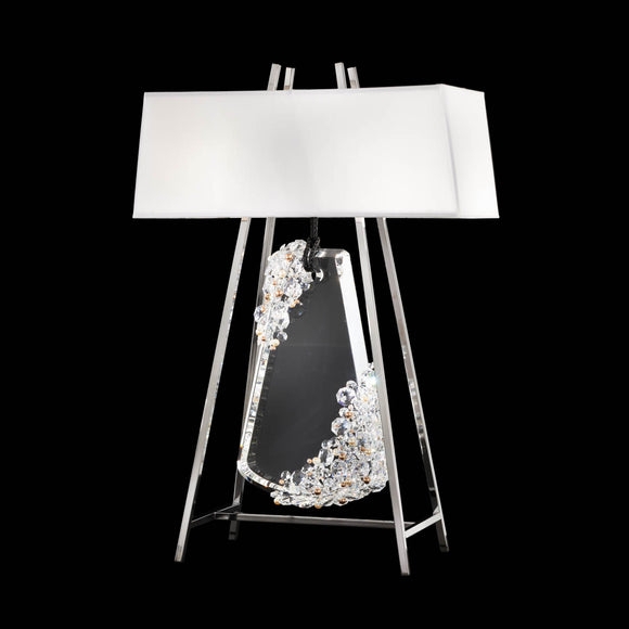 Table Lamp: Suspended Crystal Slab, Rectangular Shade, Polished Silver