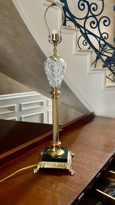 Table Lamp Tall Crystal and Brass with Ornate Scroll Feet and Black Base