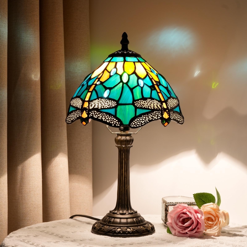 Table Lamp Teal Dragonfly Motif Antique Bronze Base Art Nouveau