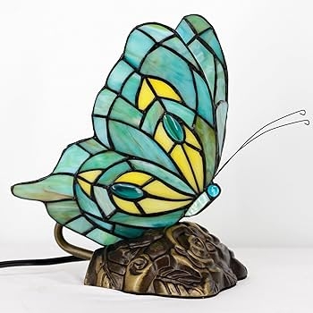 Table Lamp: Teal Stained Glass Butterfly with Sculptural Floral Base
