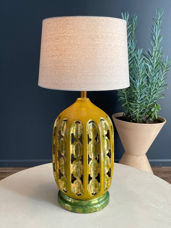 Table Lamp, Textured Mustard Ceramic, Decorative Cutouts, Mid-Century