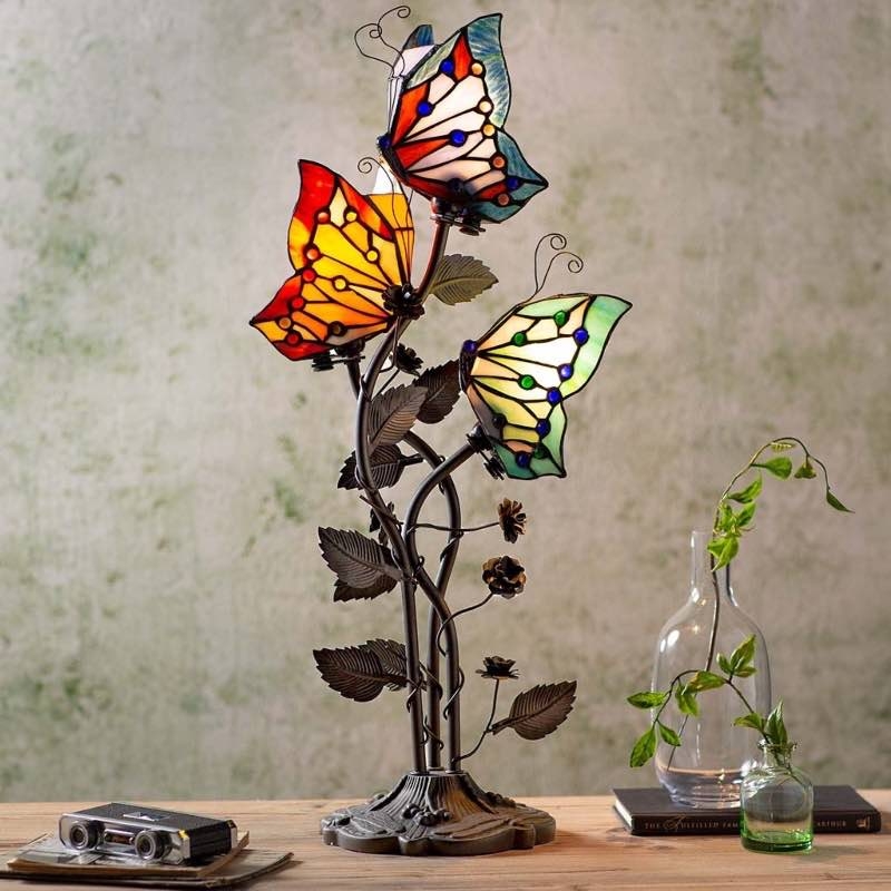 Table Lamp: Three Stained Glass Butterfly Shades on Organic Base