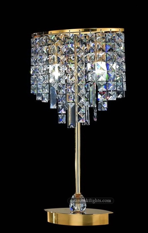 Table Lamp: Tiered Crystal Fringe, Polished Gold, Oval Base, Modern Glam
