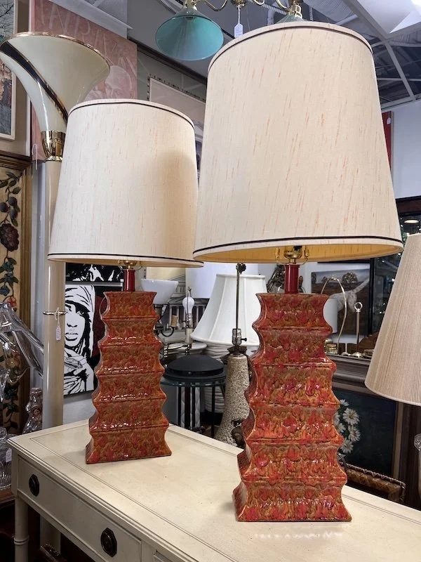 Table Lamp, Tiered Pagoda Base, Burnt Orange Drip Glaze, Hollywood Regency