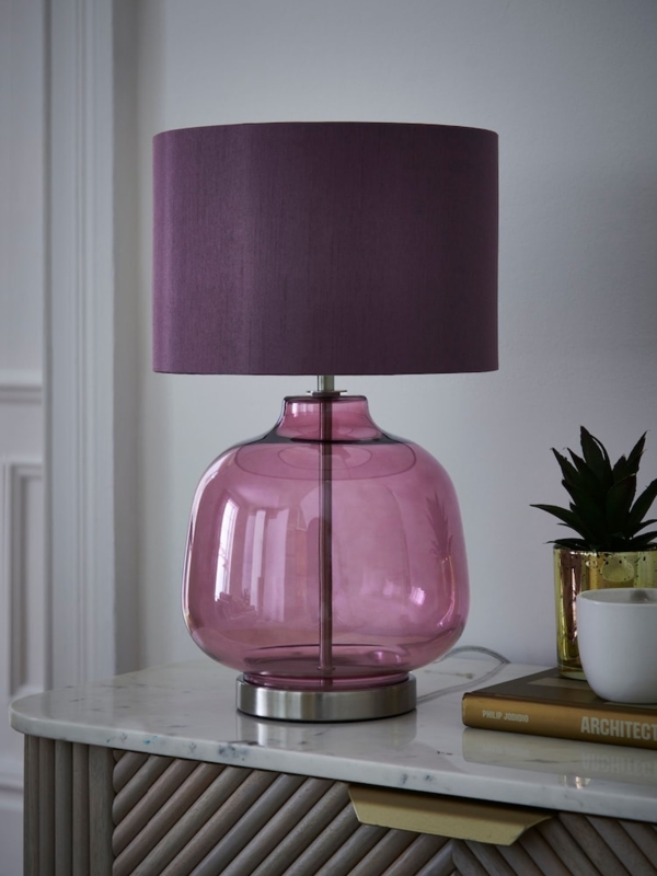 Table Lamp: Translucent Lavender Glass Bulbous Base Plum Drum Shade