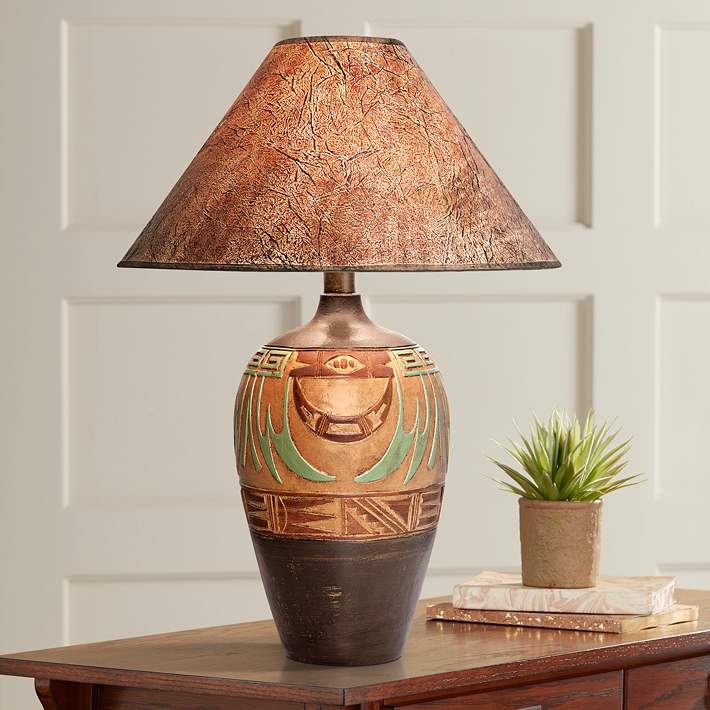 Table Lamp Tribal Pattern Pottery Lamp Rawhide Shade Eye Motif
