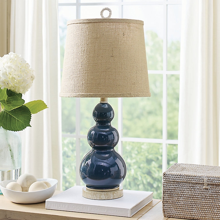 Table Lamp Triple Gourd Glass Base Burlap Shade Rope Finial